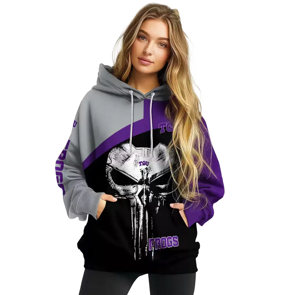 tcu horned frogs skull punisher grey black hoodie high quality tcu horned frogs skull punisher grey black hoodie high quality