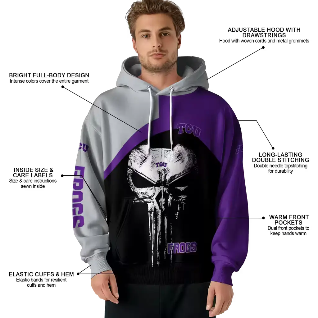 tcu horned frogs skull punisher grey black hoodie latest model tcu horned frogs skull punisher grey black hoodie latest model