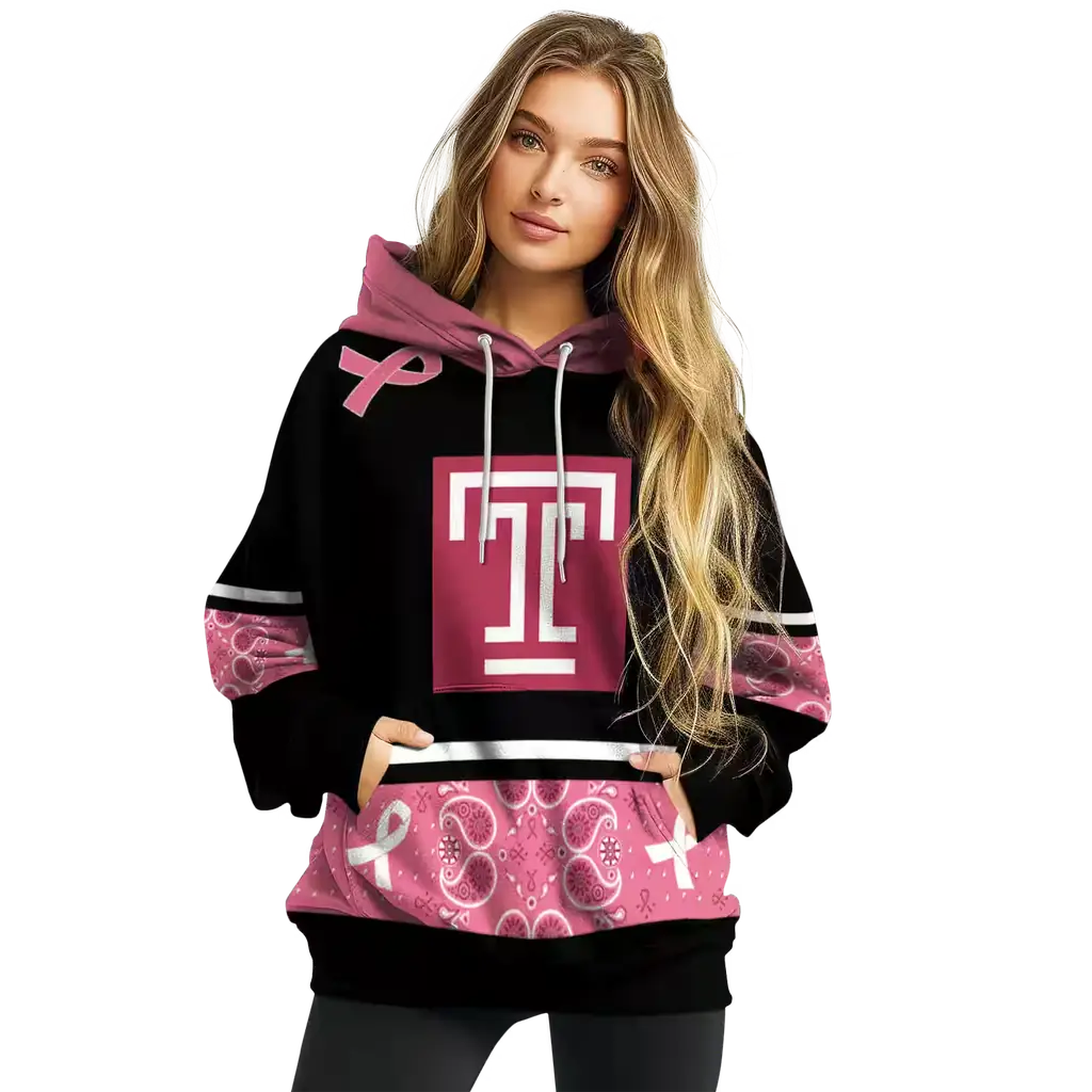 temple owls awareness ribbon black pink hoodie high quality temple owls awareness ribbon black pink hoodie high quality