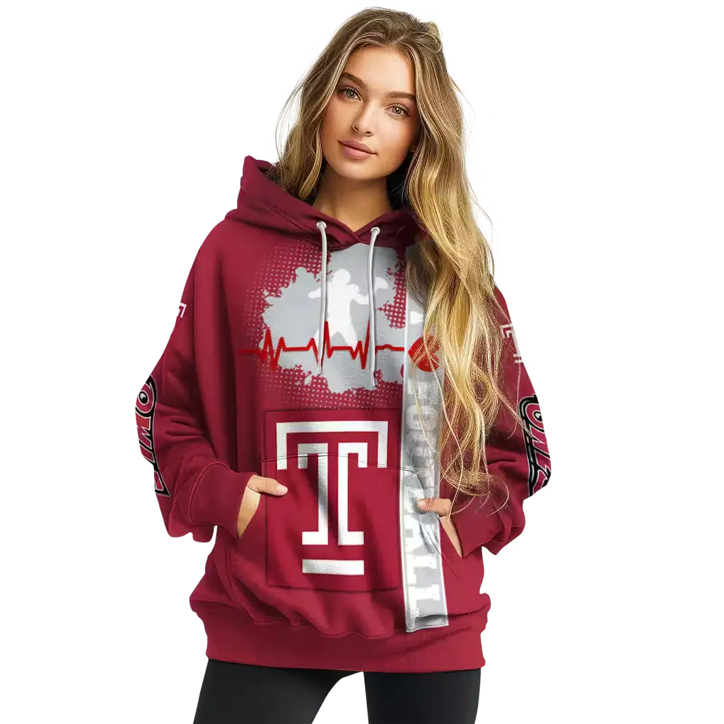 temple owls football heartbeat red hoodie high quality temple owls football heartbeat red hoodie high quality
