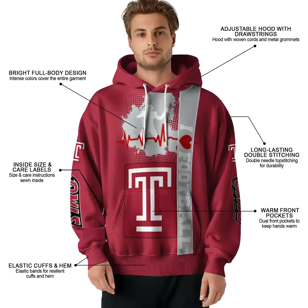 temple owls football heartbeat red hoodie latest model temple owls football heartbeat red hoodie latest model