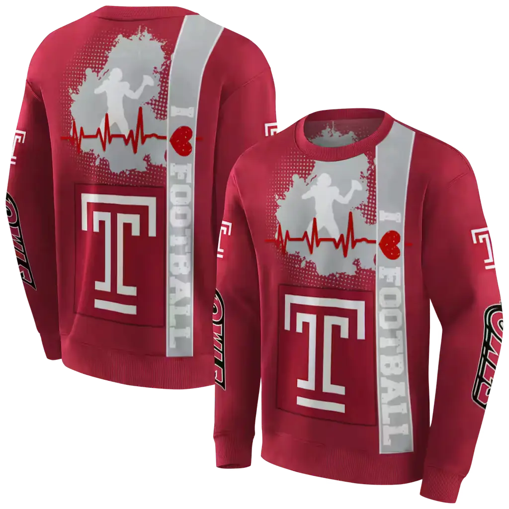 temple owls football heartbeat red hoodie premium grade temple owls football heartbeat red hoodie premium grade