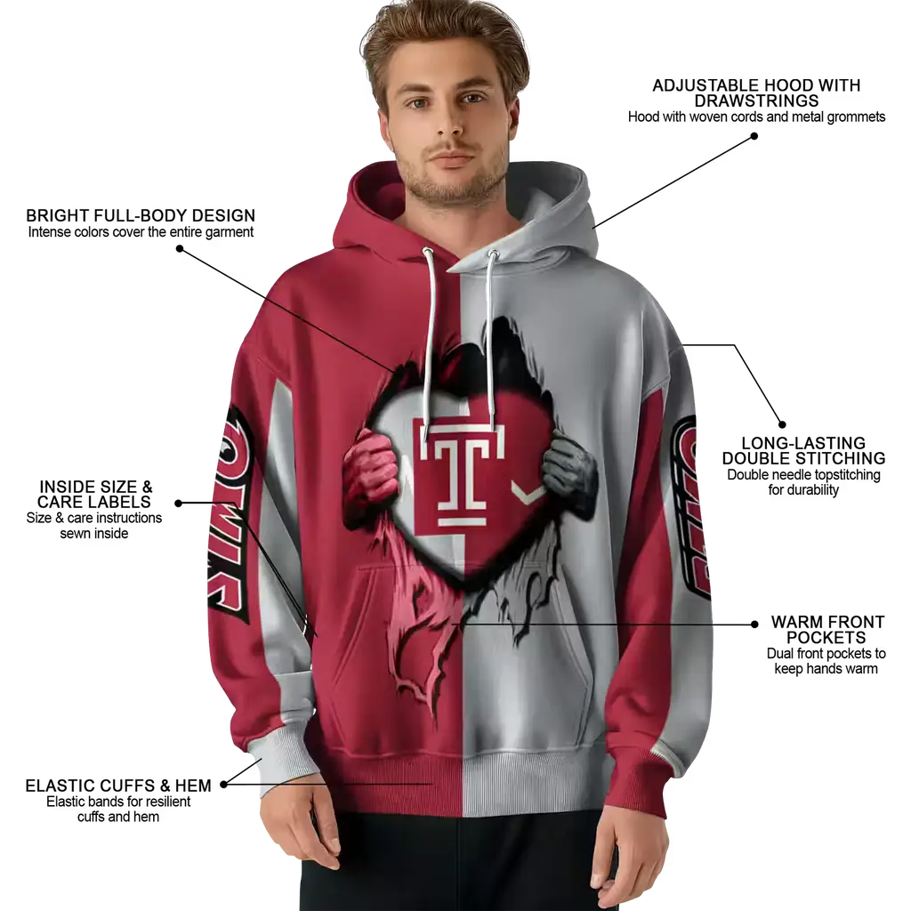 temple owls heartbeat graphic red hoodie latest model temple owls heartbeat graphic red hoodie latest model
