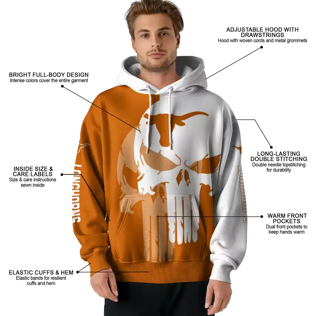 texas longhorns graphic punisher orange white hoodie latest model texas longhorns graphic punisher orange white hoodie latest model