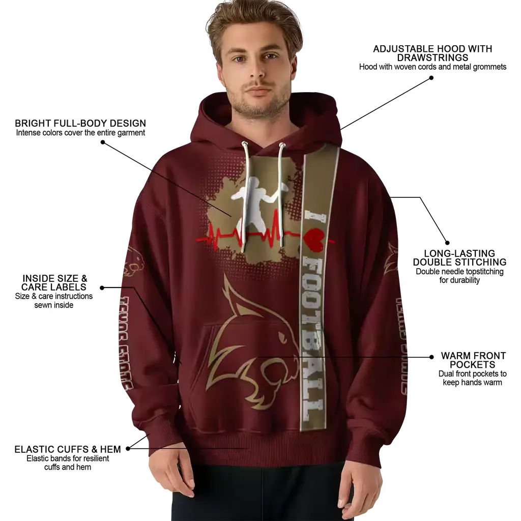 texas state bobcats football heartbeat maroon hoodie latest model texas state bobcats football heartbeat maroon hoodie latest model