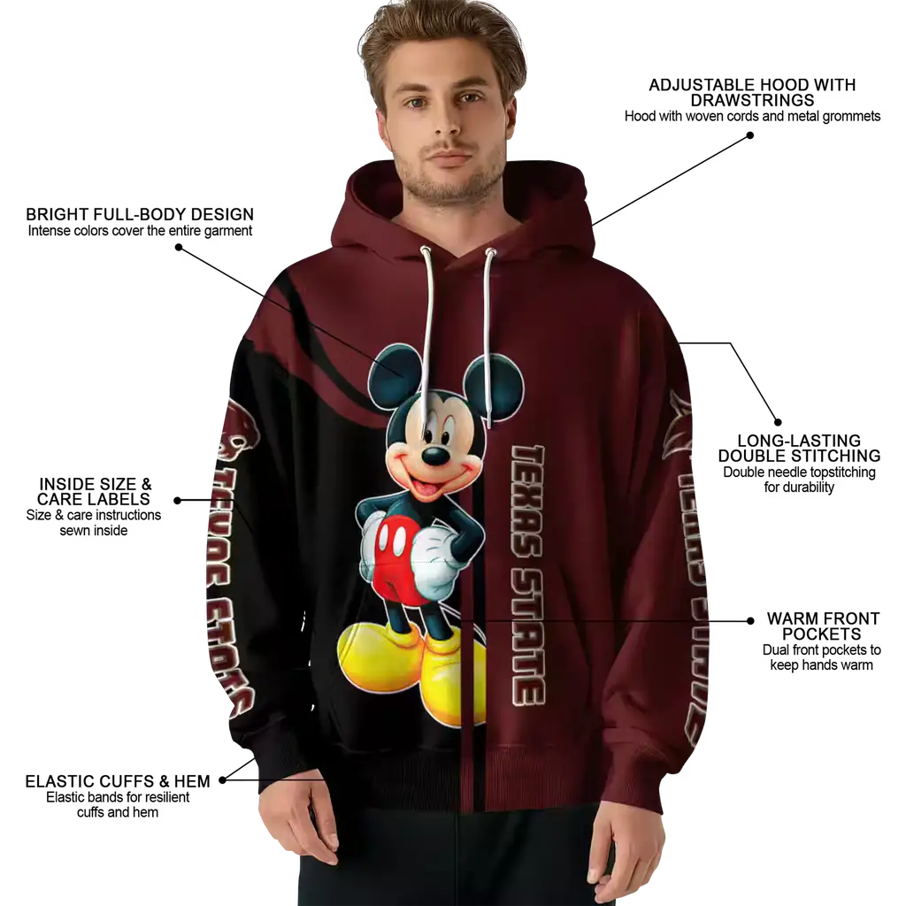 texas state bobcats mickey mouse maroon black hoodie latest model texas state bobcats mickey mouse maroon black hoodie latest model