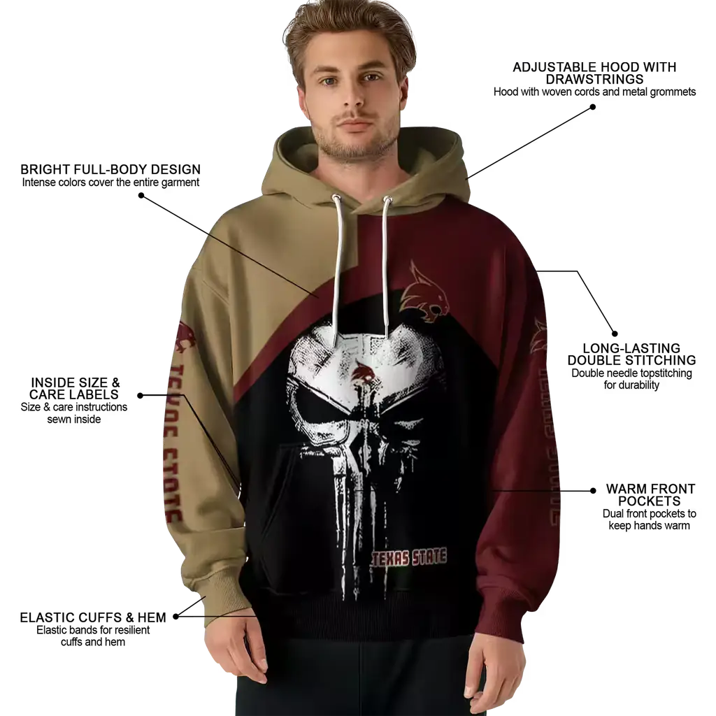 texas state bobcats skull punisher gold black hoodie latest model texas state bobcats skull punisher gold black hoodie latest model
