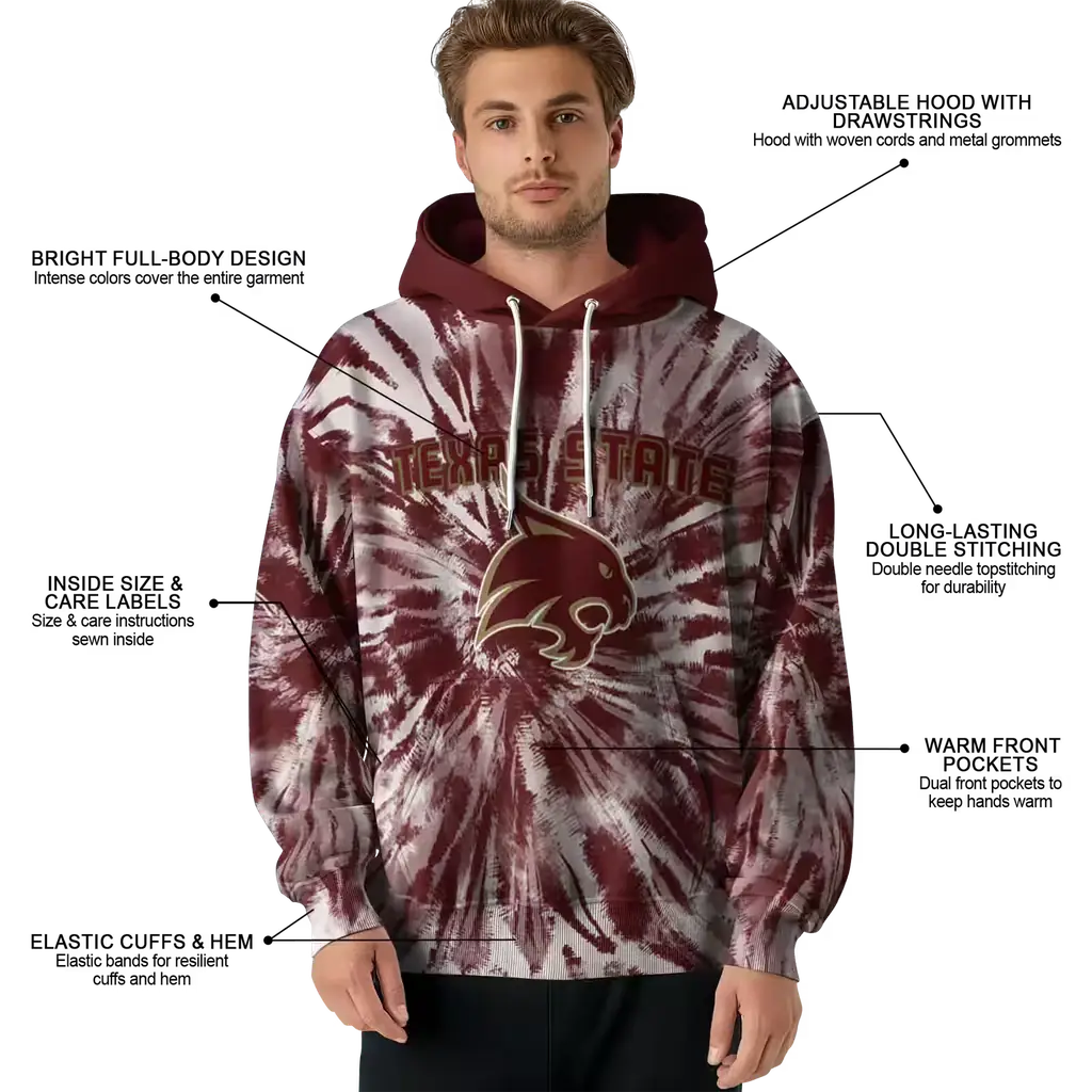 texas state bobcats tie dye pattern maroon hoodie latest model texas state bobcats tie dye pattern maroon hoodie latest model