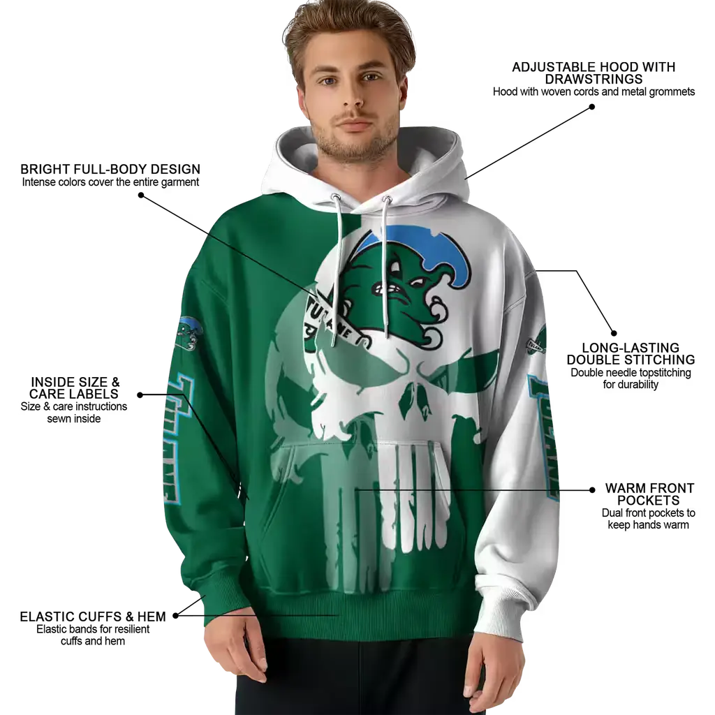 tulane green wave graphic punisher green white hoodie latest model tulane green wave graphic punisher green white hoodie latest model