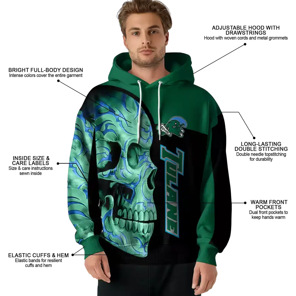 tulane green wave skull motif green black hoodie latest model tulane green wave skull motif green black hoodie latest model