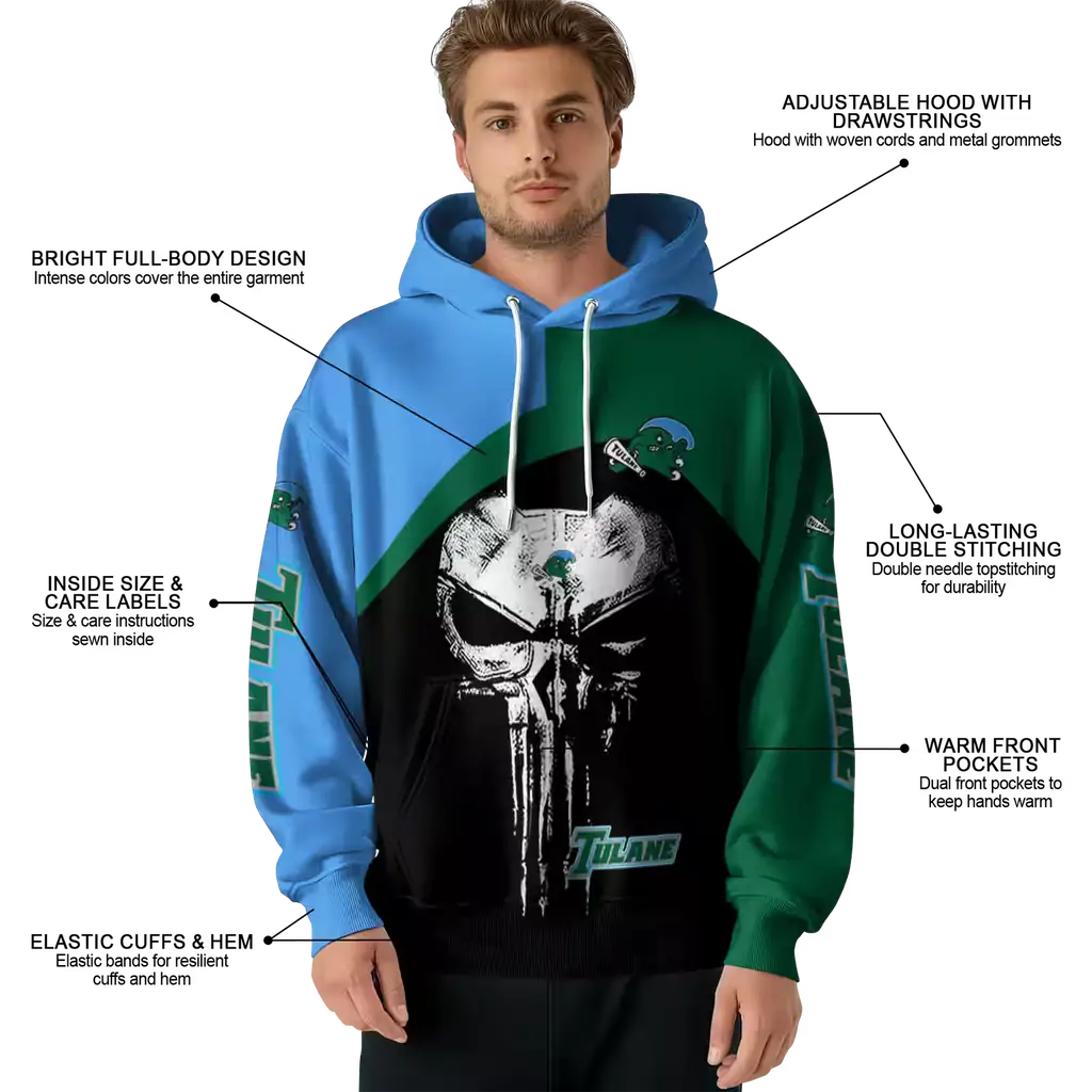 tulane green wave skull punisher blue black hoodie latest model tulane green wave skull punisher blue black hoodie latest model