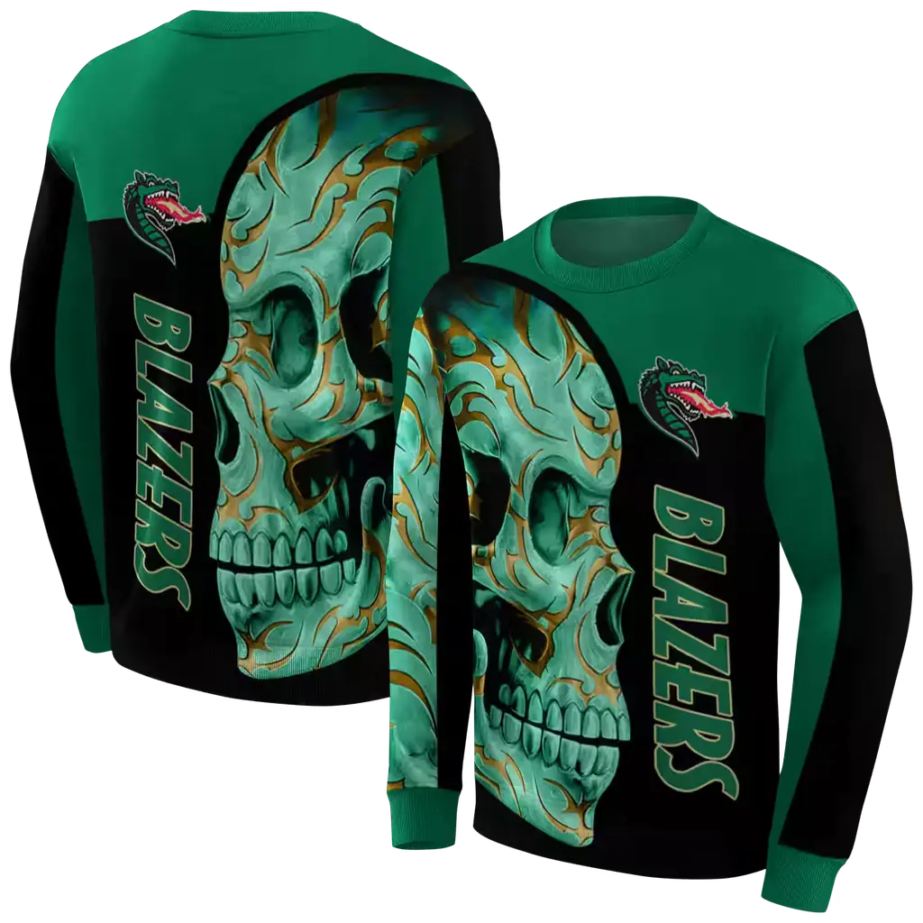 uab blazers skull motif green black hoodie premium grade uab blazers skull motif green black hoodie premium grade