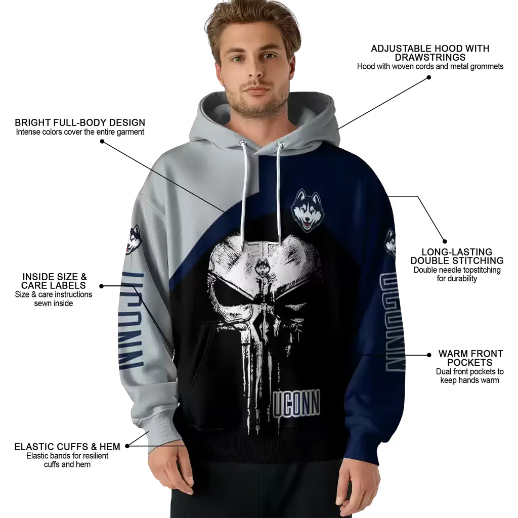 uconn huskies skull punisher grey black hoodie latest model uconn huskies skull punisher grey black hoodie latest model