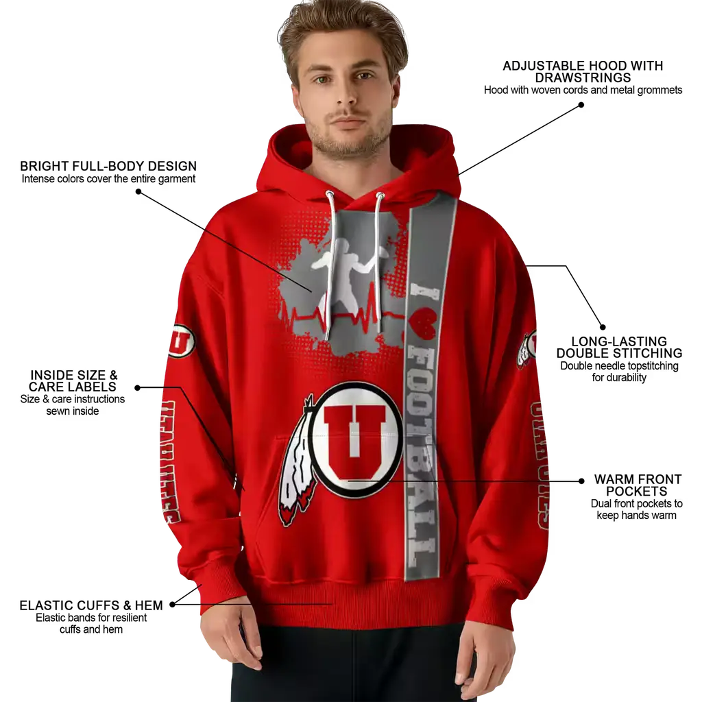 utah utes football heartbeat red hoodie latest model utah utes football heartbeat red hoodie latest model