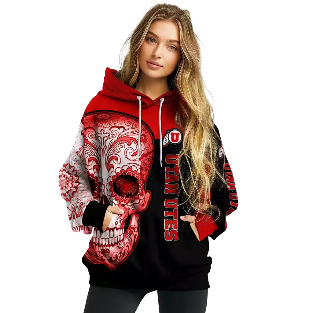 utah utes sugar skull red black hoodie high quality utah utes sugar skull red black hoodie high quality