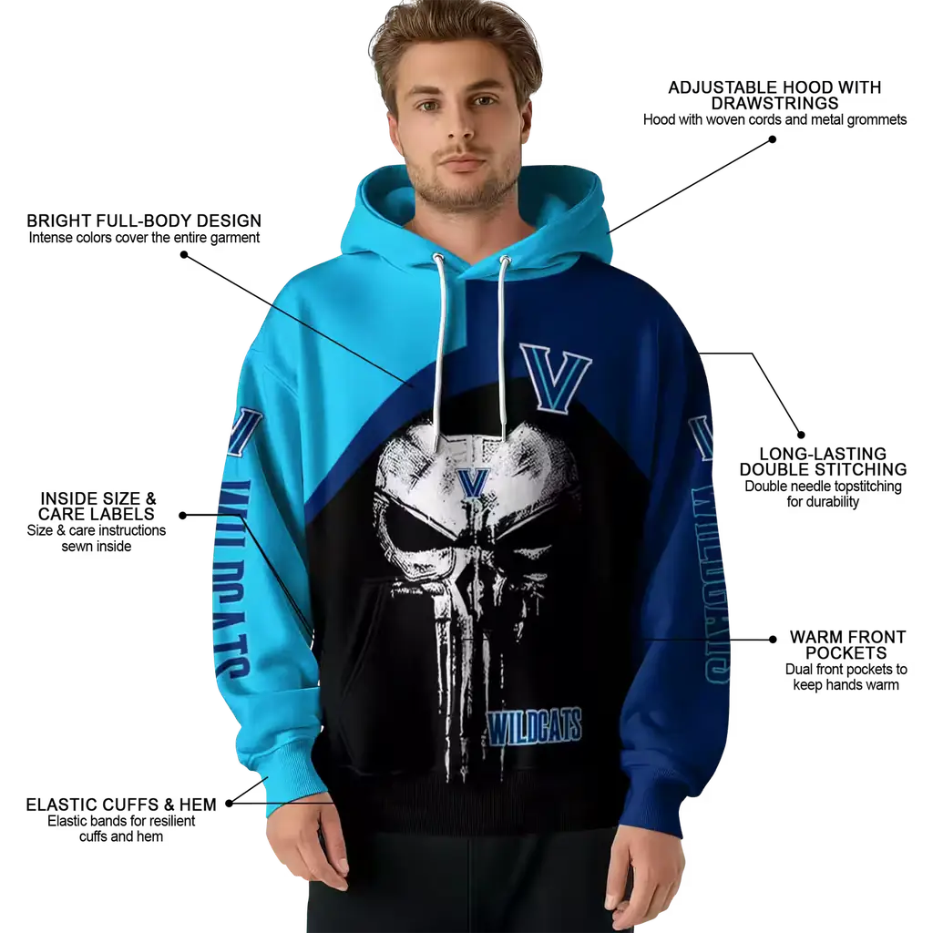 villanova wildcats skull punisher light blue black hoodie latest model villanova wildcats skull punisher light blue black hoodie latest model