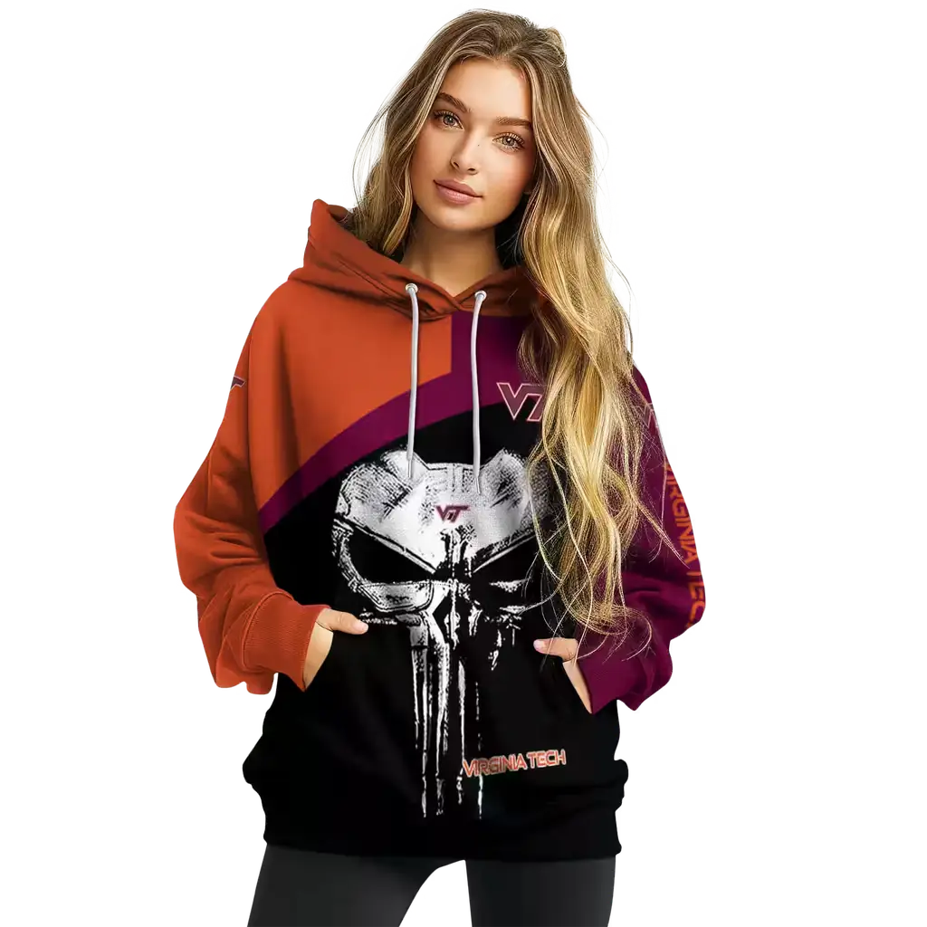 virginia tech hokies skull punisher orange black hoodie high quality virginia tech hokies skull punisher orange black hoodie high quality