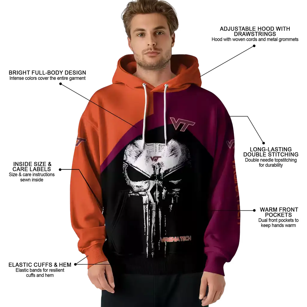 virginia tech hokies skull punisher orange black hoodie latest model virginia tech hokies skull punisher orange black hoodie latest model