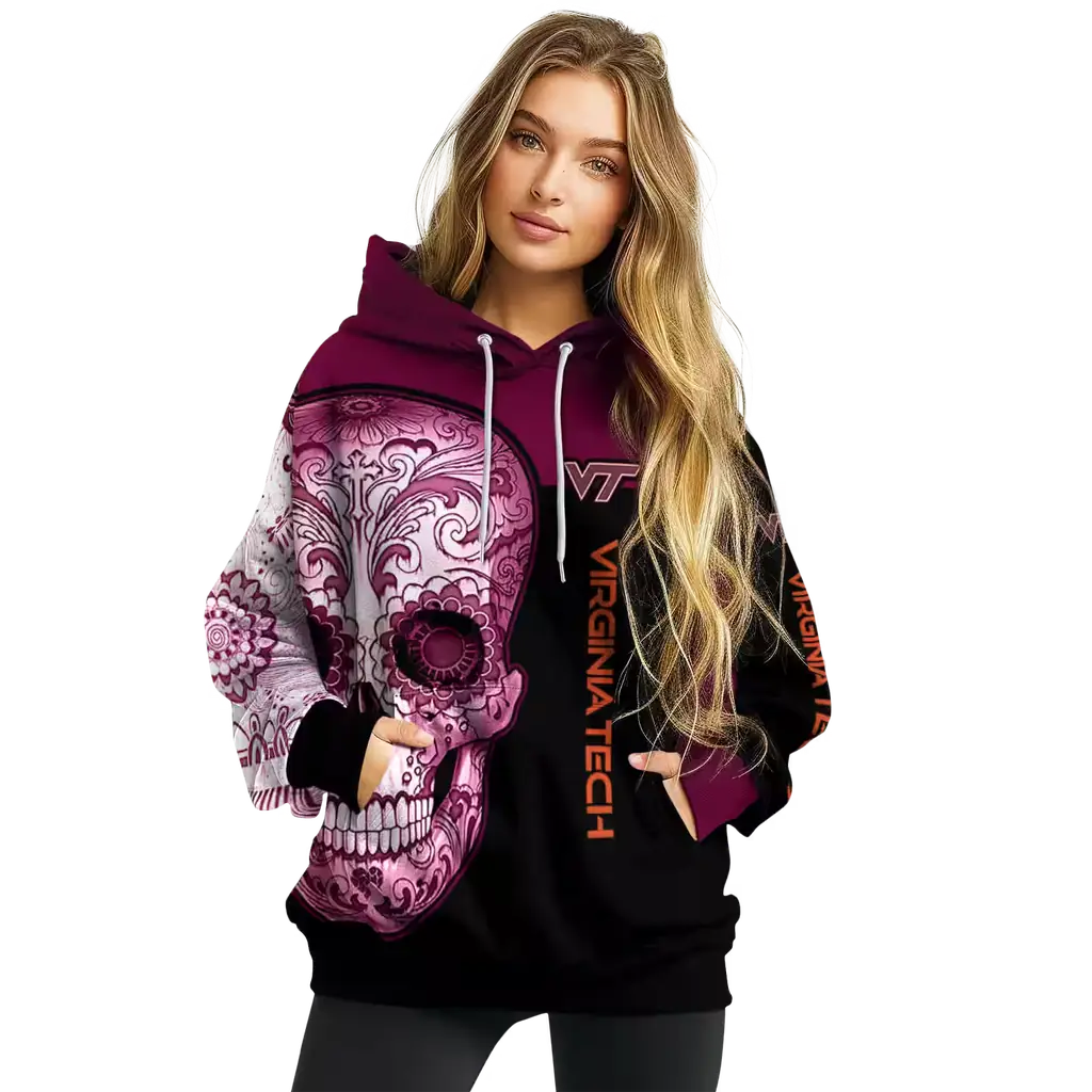 virginia tech hokies sugar skull maroon black hoodie high quality virginia tech hokies sugar skull maroon black hoodie high quality