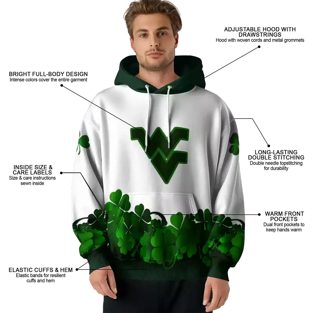 west virginia mountaineers lucky motif white green hoodie latest model west virginia mountaineers lucky motif white green hoodie latest model