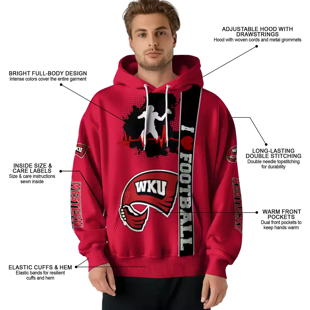 western kentucky hilltoppers football heartbeat red hoodie latest model western kentucky hilltoppers football heartbeat red hoodie latest model