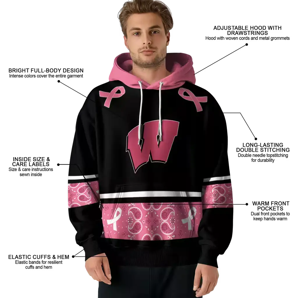 wisconsin badgers awareness ribbon black pink hoodie latest model wisconsin badgers awareness ribbon black pink hoodie latest model