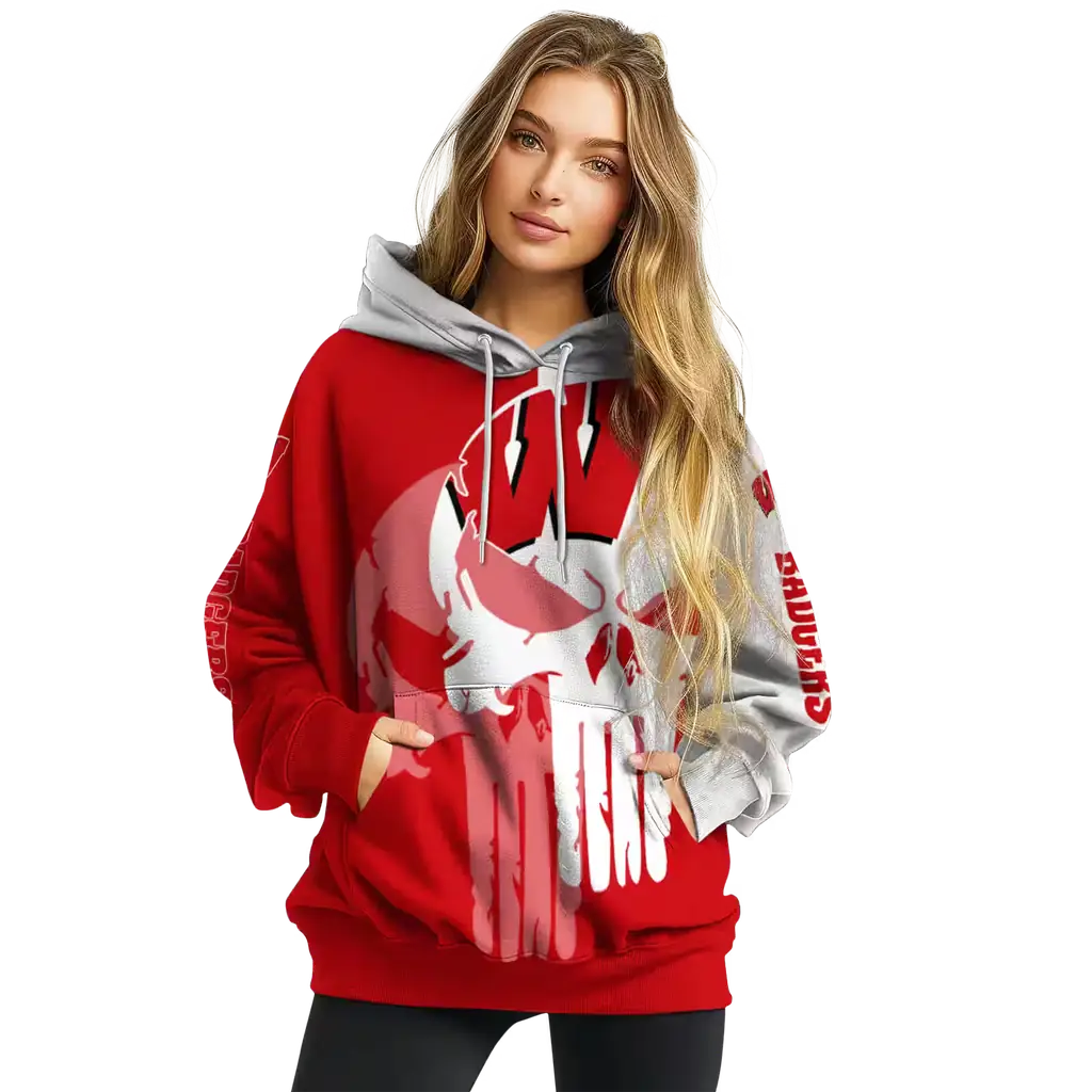 wisconsin badgers graphic punisher red white hoodie high quality wisconsin badgers graphic punisher red white hoodie high quality