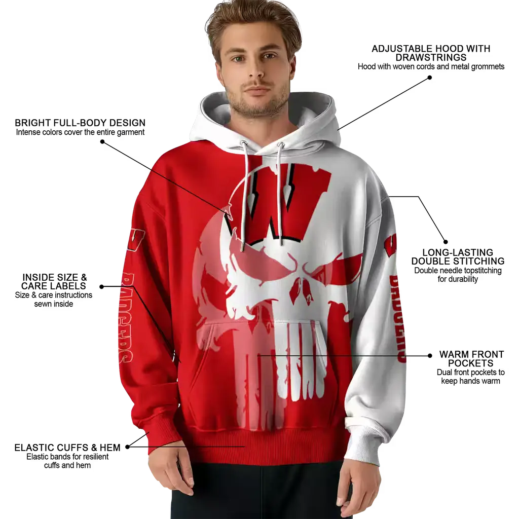 wisconsin badgers graphic punisher red white hoodie latest model wisconsin badgers graphic punisher red white hoodie latest model