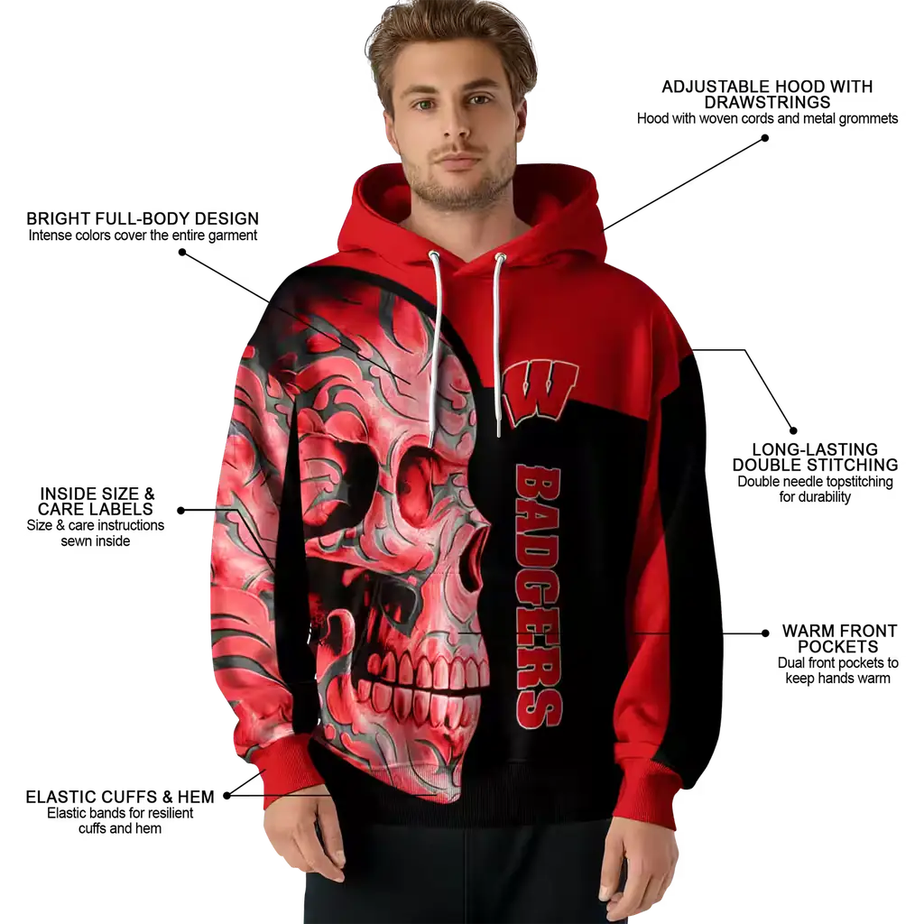 wisconsin badgers skull motif red black hoodie latest model wisconsin badgers skull motif red black hoodie latest model