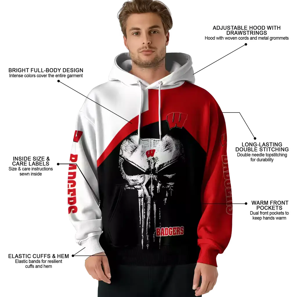 wisconsin badgers skull punisher white black hoodie latest model wisconsin badgers skull punisher white black hoodie latest model