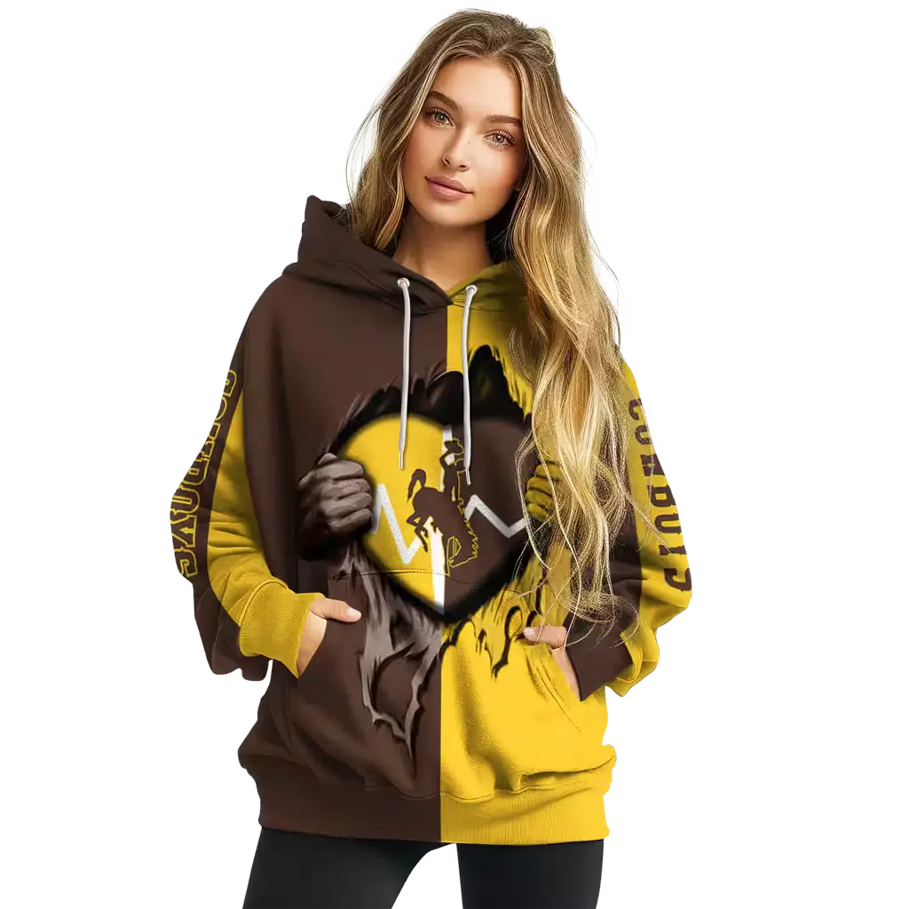 wyoming cowboys heartbeat graphic brown hoodie high quality wyoming cowboys heartbeat graphic brown hoodie high quality