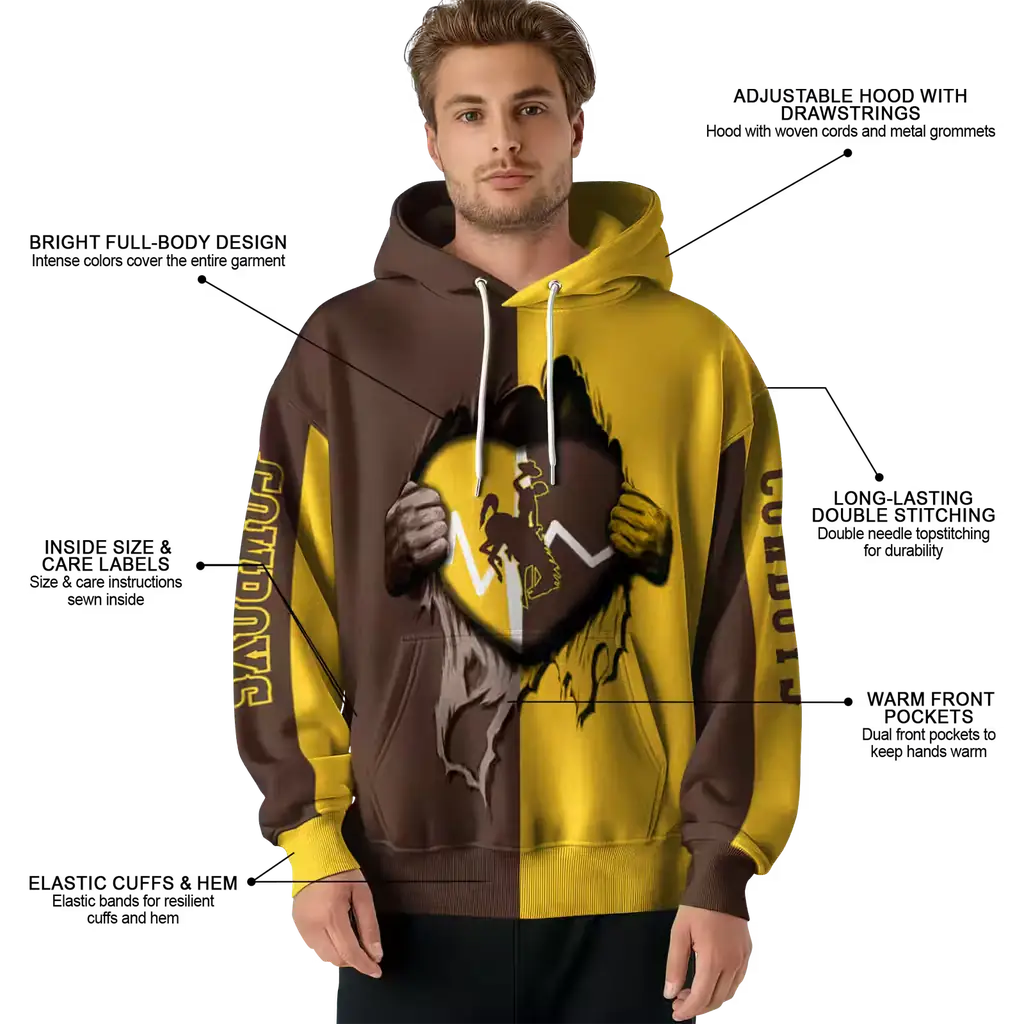 wyoming cowboys heartbeat graphic brown hoodie latest model wyoming cowboys heartbeat graphic brown hoodie latest model