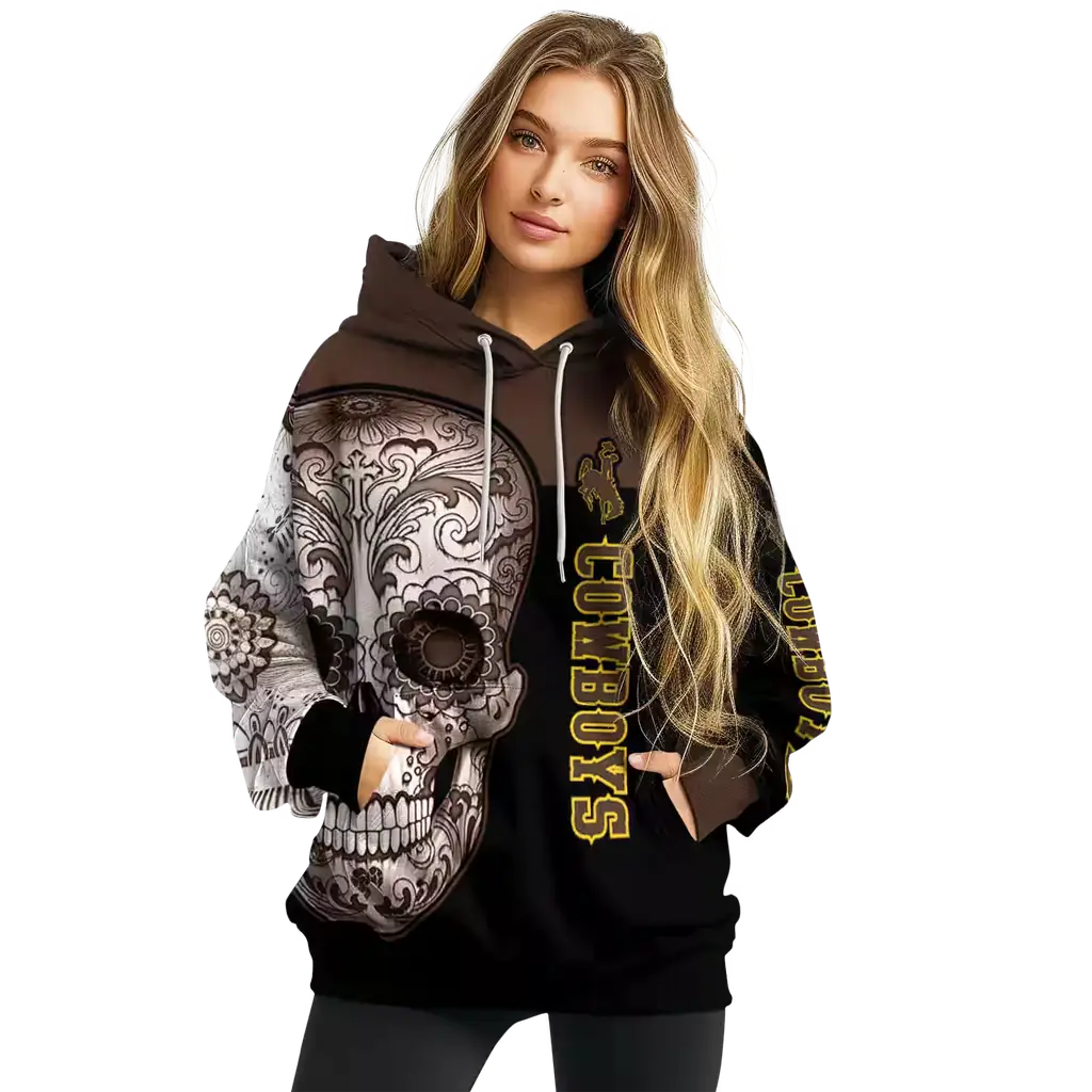wyoming cowboys sugar skull brown black hoodie high quality wyoming cowboys sugar skull brown black hoodie high quality